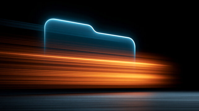 Neon blue folder glowing with orange speed lines in a dark cyberspace. Data transfer concept for modern technology ads.