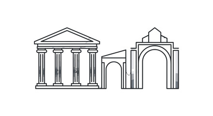 A line art illustration depicting classical architectural elements including a Greek temple and Roman arches. © Kadita
