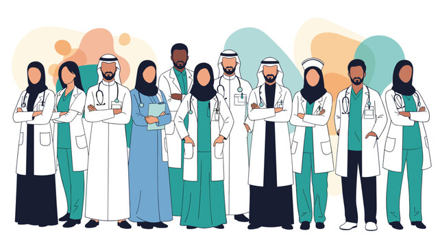 Diverse group of Arab doctors and medical professionals stand together in white lab coats on abstract background.