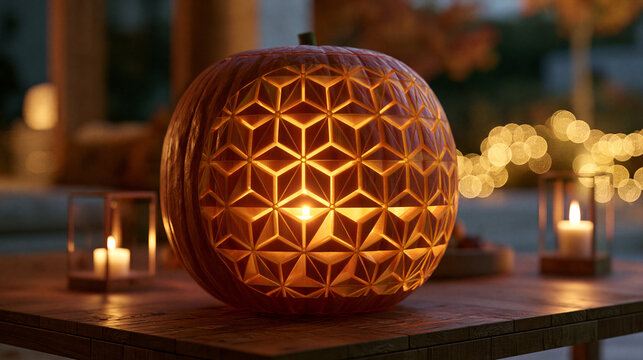 Halloween Jack-o-Lantern Pumpkin Carved with Japanese Asanoha Pattern