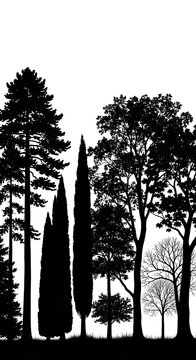 Set of diverse forest tree silhouettes including pine, cypress, and deciduous trees isolated on white background