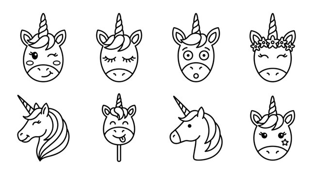 Cute unicorn emoji line icons set with funny cartoon magic horse faces expressions and avatars
