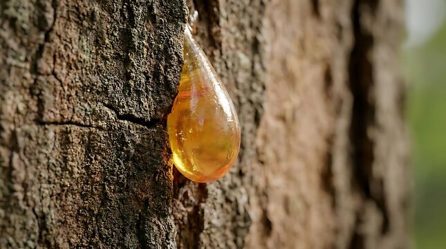 A close-up view of golden resin dripping from the textured bark of a copaifera officinalis tree in a forest, capturing the natural sap harvest process.