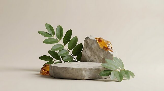 A minimal stone podium display featuring copaifera officinalis leaves and amber resin accents on a soft beige background for organic product advertising