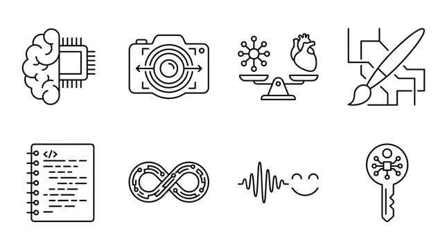 Artificial intelligence creative and tech line icons set with ai brain camera coding notebook and key
