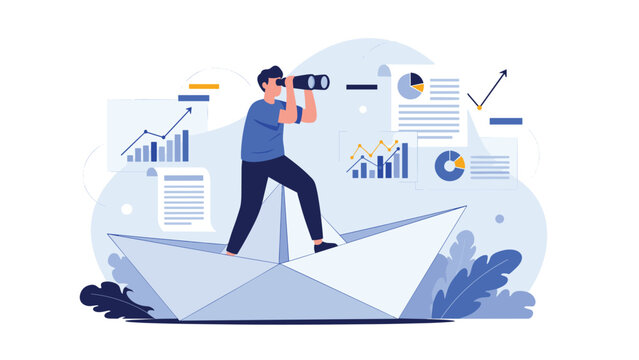 Businessman standing on a paper boat looking through binoculars to find new business opportunities and market trends.