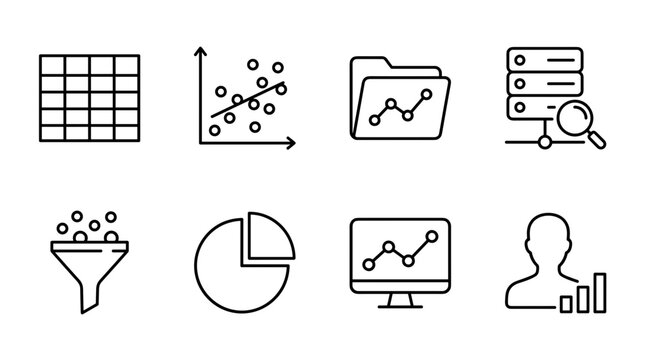 Data analysis and big data analytics line icons set with server chart graph folder and funnel
