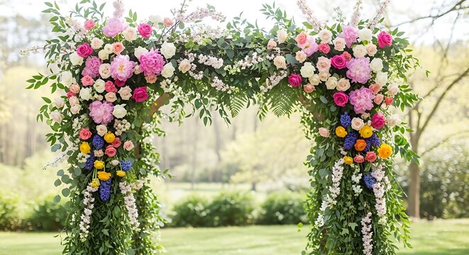Colorful floral wedding arch with pink white and blue flowers in garden