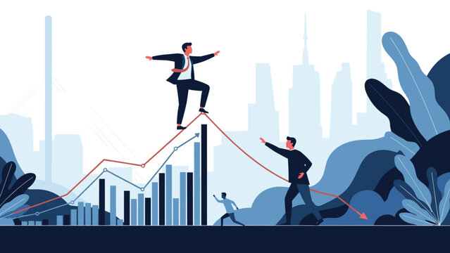 Successful businessmen navigating a fluctuating financial graph representing market volatility and economic recovery.
