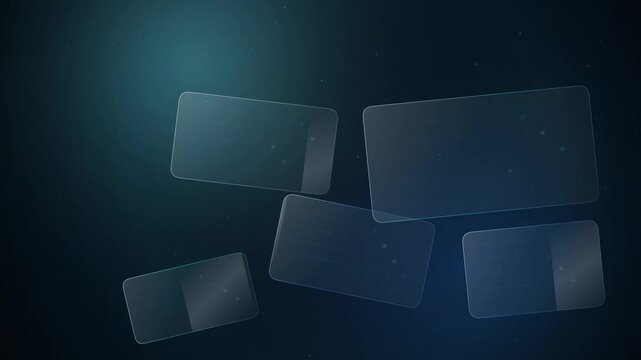 Abstract Dark Background Featuring Transparent Glass Geometric Rectangular Panels Floating in Minimalist Digital Space