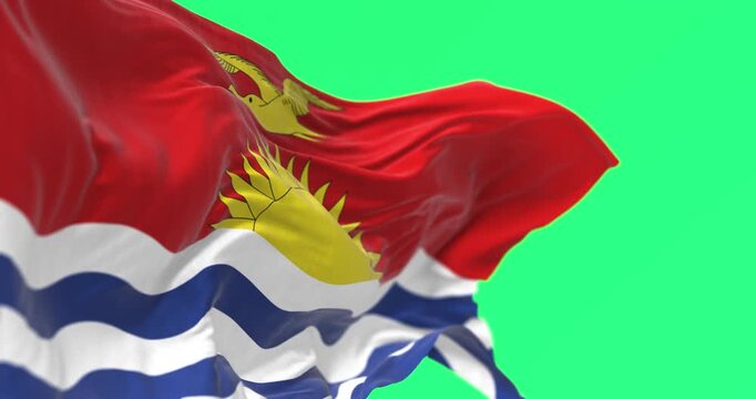 Close-up of Kiribati national flag waving isolated on green background