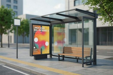 Naklejka premium Modern Bus Stop Shelter with Billboard Mockup Keywords: bus stop, shelter, modern, urban, street