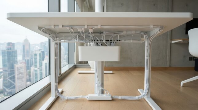 Organized desk cable management system with power strip and storage box