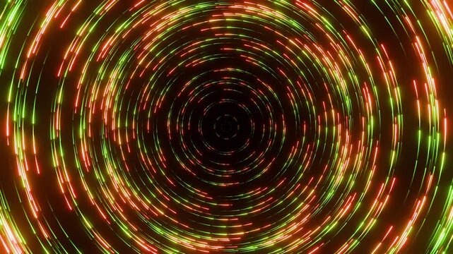 Dynamic seamless loop animation of neon red and lime green glowing dots forming a hypnotic circle tunnel, cyber vortex backdrop on black background 3d render