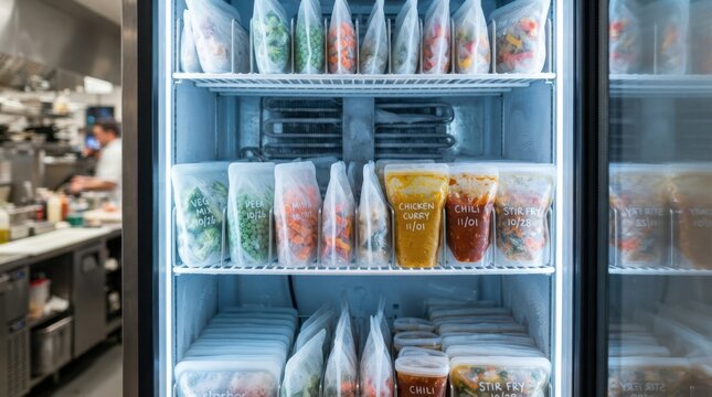 Commercial kitchen freezer stocked with pre-portioned meals in reusable bags