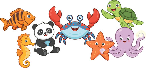 Cute cartoon sea animals collection including crab turtle octopus seahorse starfish panda and fish vector illustration isolated © MdNipon