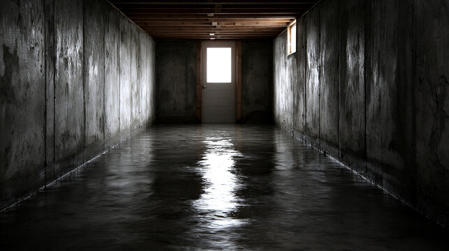 Dark and eerie unfinished basement corridor with concrete walls and a flooded wet floor leading to a bright door. Conceptual image for suspense, horror, and mystery themes.