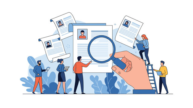 Human resources recruitment concept with a giant hand inspecting candidate resumes using a large magnifying glass.