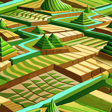 Pattern, vector, graphic, rice fields, vegetable gardens, pastures, agricultural sector, grass, bushes, beds, haystacks, lines, intersections, structure, view, seamless pattern, print, wallpaper