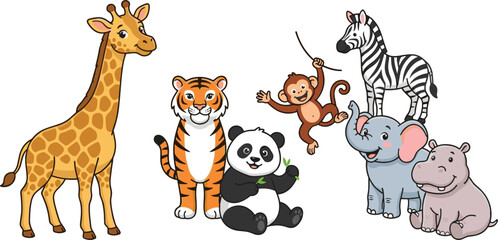 Cute cartoon jungle animals set including giraffe tiger panda monkey zebra elephant and hippo vector illustration isolated © MdNipon