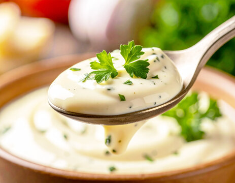 Creamy herb and garlic aioli sauce on a spoon, macro shot. AI