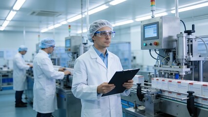 Naklejka premium Quality control inspector in lab coat holding clipboard near automated pharmaceutical packaging machinery inside sterile factory.