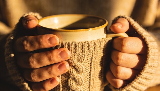 Warm Embrace: Cozy hands clad in a cable-knit sweater cup a warm mug, conveying comfort and relaxation on a cold day.