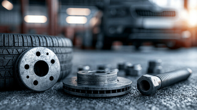 Automotive repair parts including tires, brake discs, bolts, and nuts laid out in a workshop garage. Ideal for auto maintenance and mechanical service advertising.