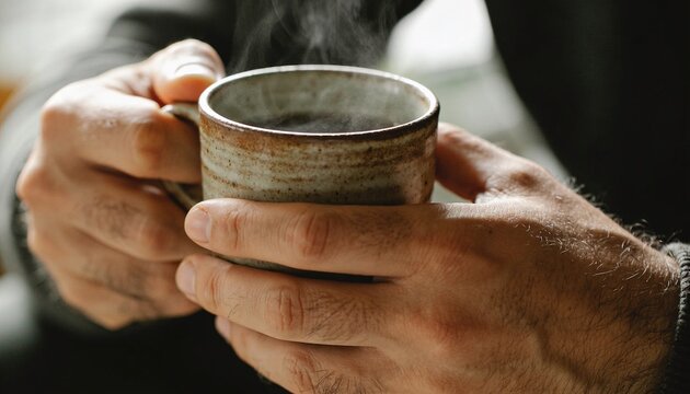 Warm Embrace: Close-up of a person's hands cradling a rustic mug filled with steaming hot beverage, evoking comfort and warmth on a chilly day.