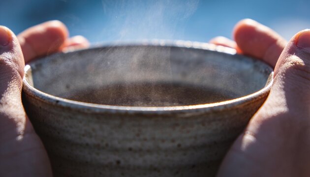 Warm Embrace: Cupped hands hold a steaming bowl of comforting liquid, its vapor rising gently, evoking feelings of warmth, solace, and quiet contemplation in a serene setting.