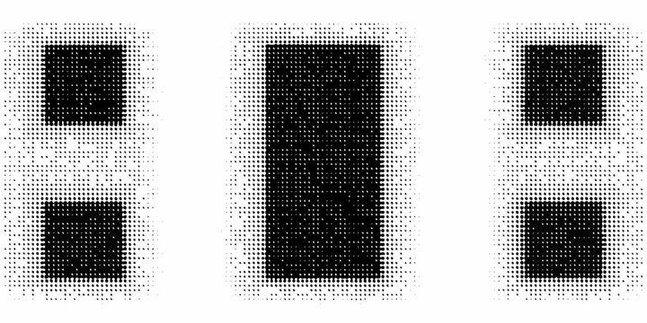 Halftone letterforms spelling hi in a black and white dotted pattern on a white background