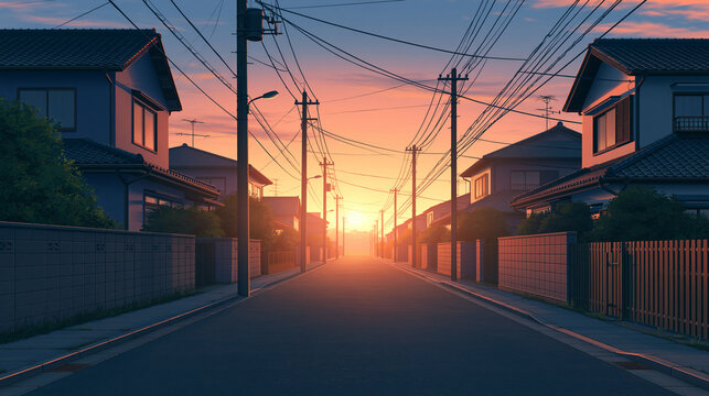 Anime style Japanese residential street at sunset with warm glowing sky and power lines. Perfect for urban background and animation concepts.