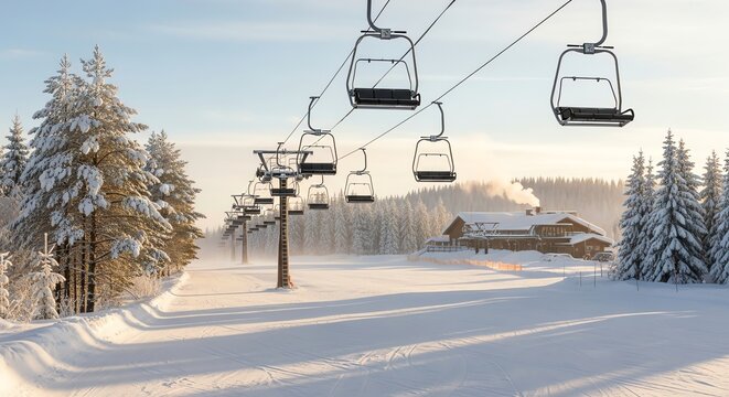Chairlift over groomed snowy ski slope in winter landscape with pine forest and alpine lodge under golden sunset lighting