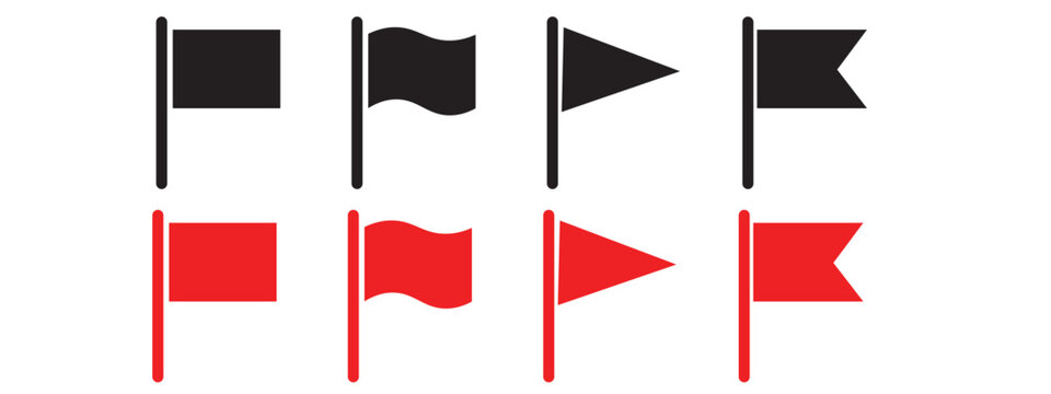 Set of black and red flag icons with various rectangular shapes