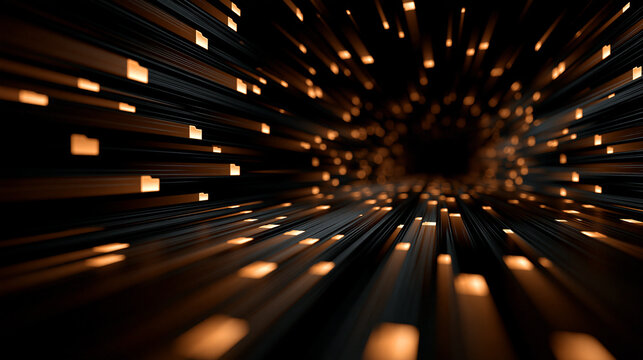 Abstract glowing orange files rush through a dark, dynamic tunnel with motion blur. Ideal for concepts of fast data transfer, big data, and technology.