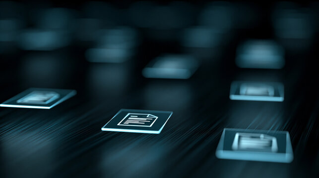 Abstract glowing document icons floating on a dark futuristic digital network. Data management and information technology concept for business applications.