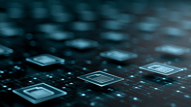 Abstract glowing document icons floating on digital circuit background. Perfect concept for data management and digital document storage technology.