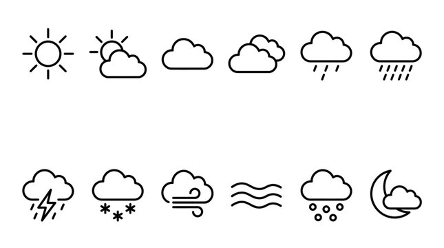 Weather forecast icons showing sunny, cloudy, rainy, and night scenes. Weather symbols for forecast, climate, and meteorology.