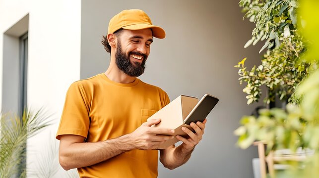 Smiling express delivery courier checking e-commerce order on smartphone while holding package outdoors