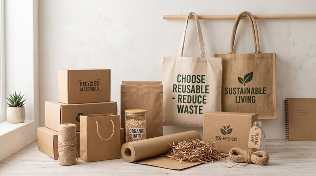 Eco friendly sustainable packaging collection with paper boxes and reusable bags