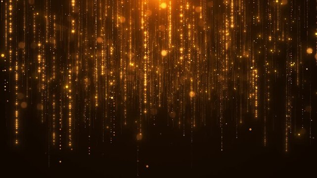 Golden falling light rain background glitter lines, sparkling bokeh, and warm digital atmosphere.
