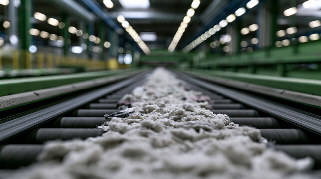 A textile recycling conveyor belt transports shredded cotton fabric waste inside a modern industrial plant. Sustainable manufacturing concept for environmental and eco friendly.