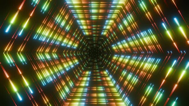 Futuristic seamless loop animation of colorful glowing dots forming a geometric hexagon tunnel, infinite zoom neon laser beam vj backdrop 3d render