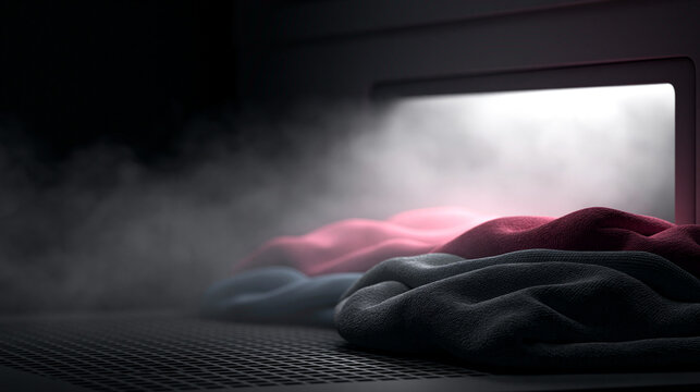 A steaming pile of laundry inside a modern dryer with bright interior lighting. Perfect for home appliance and laundry care advertising campaigns.