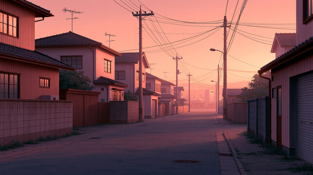 A serene suburban Japanese street glows softly under a warm, pink sunset sky. Perfect for anime background art and travel concept projects.