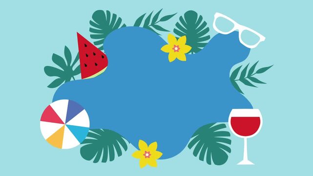 Tropical Summer Vacation Flat Design Animation With Beach Ball Watermelon Wine Palm Leaves and Floral Frame Background.