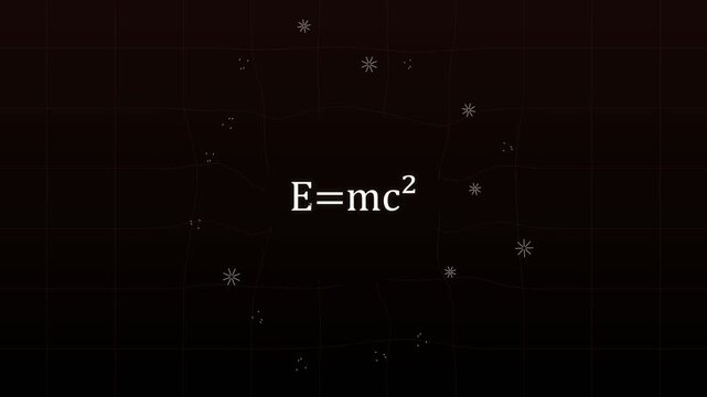 Crimson Red Einstein Formula E=mc2 Revealing on Spacetime Grid Backdrop