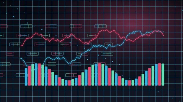 Futuristic financial market analysis graph showing stock exchange data trends and growth statistics