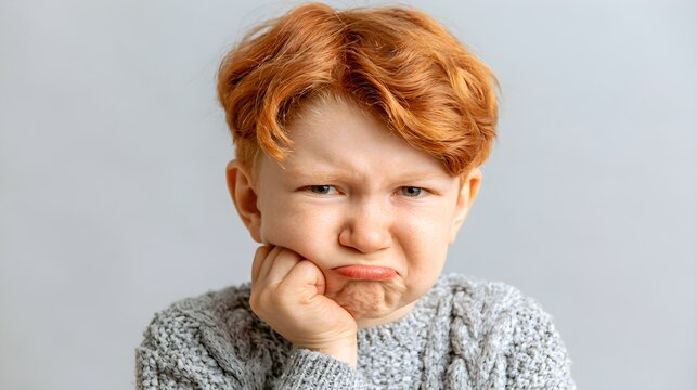 Sad redhead boy with grumpy facial expression, unhappy child feeling bored or annoyed, upset kid with ginger hair