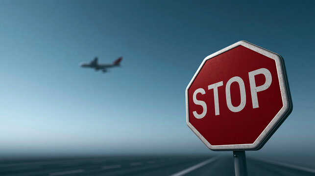 A red stop sign stands near a runway with a distant airplane flying in the sky. Symbolic image for aviation safety and airport regulations.
